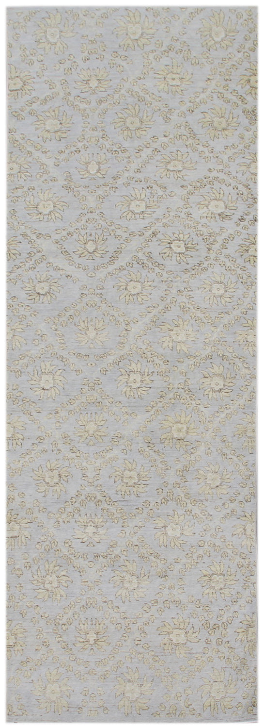 3'x10' Ariana Soft Blue Floral Transitional Design Hand Knotted Wool Runner Rug