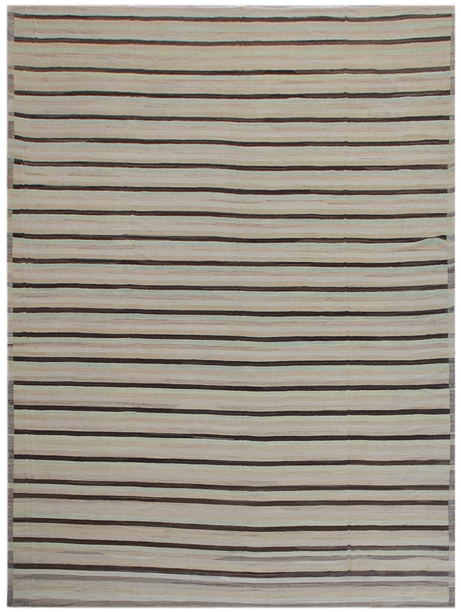 13'x20' Large Striped Brown Ivory Soft Green Ariana Kilim