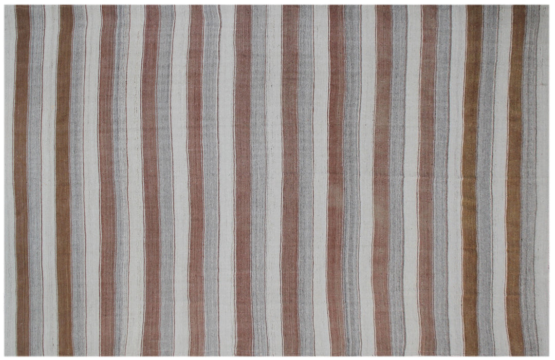 10'x13' Large Striped Grey Cream Rust Hand Knotted Wool Ariana Kilim Rug