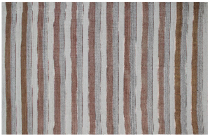 10'x13' Large Striped Grey Cream Rust Hand Knotted Wool Ariana Kilim Rug