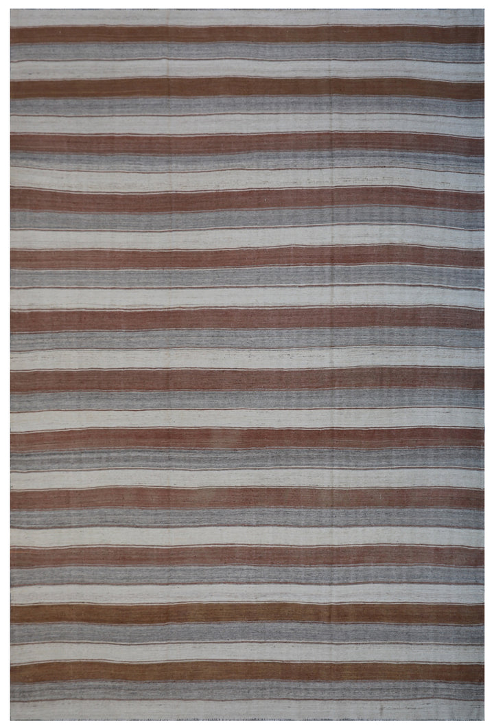 10'x13' Large Striped Grey Cream Rust Hand Knotted Wool Ariana Kilim Rug