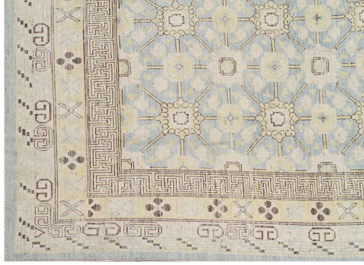 9.06 x  7.10 Soft Blue Geometric Pattern Hand-Knotted Ariana Samarkand/Khotan