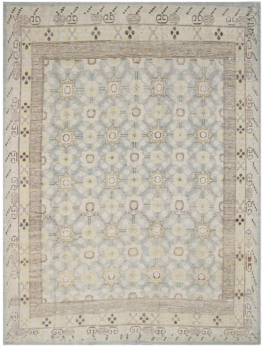 10'x8'Soft Blue Geometric Pattern Hand-Knotted Ariana Samarkand/Khotan Rug