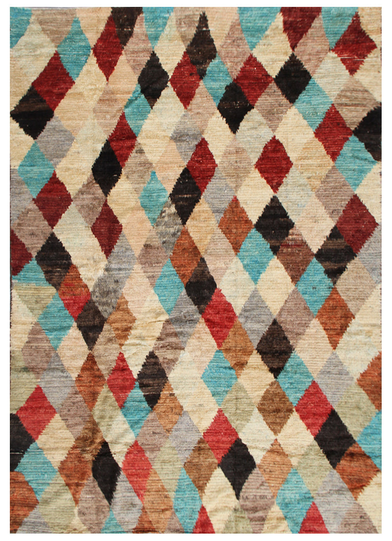 8'x10' Multi Color Geometric Diamond Pattern Shaggy Hand-Knotted Ariana Barchi Rug