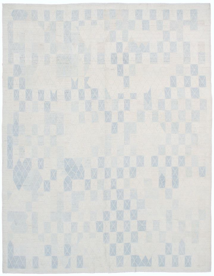 9'X12' Ariana Modern Blue and White Geometric Hand Knotted Wool Large Area Rug