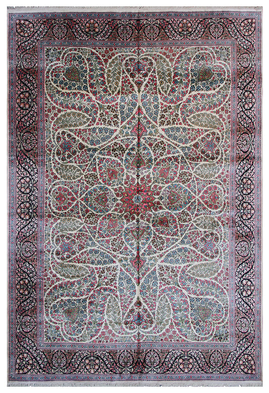9'x12' Ivory Rust Blue Green Red Pink India Kashmir Art. Silk Rug
