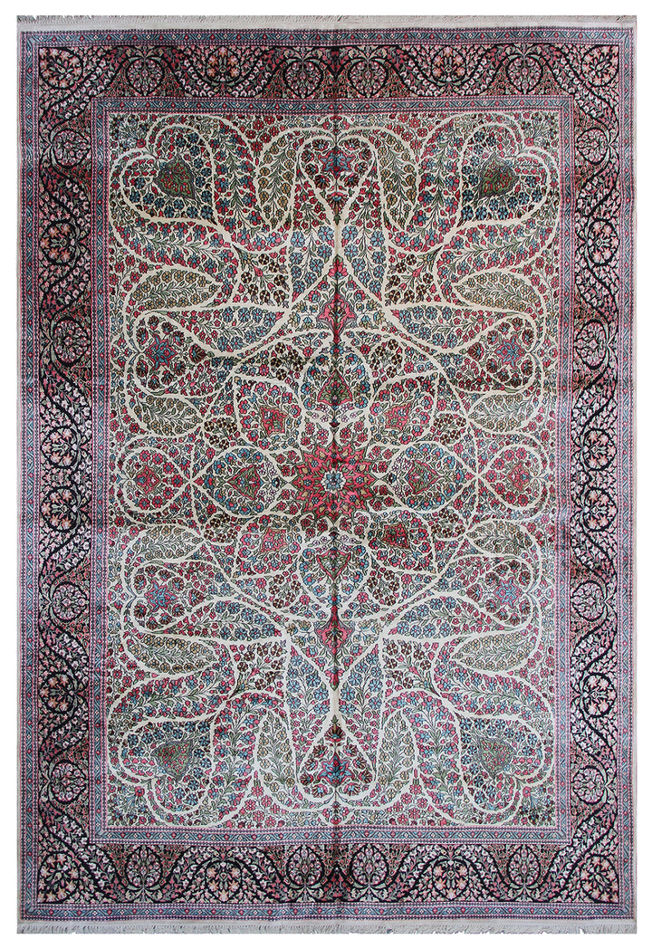 9x12 Unique Kashmir Art Silk Rug | Ivory & Rust Floral Design