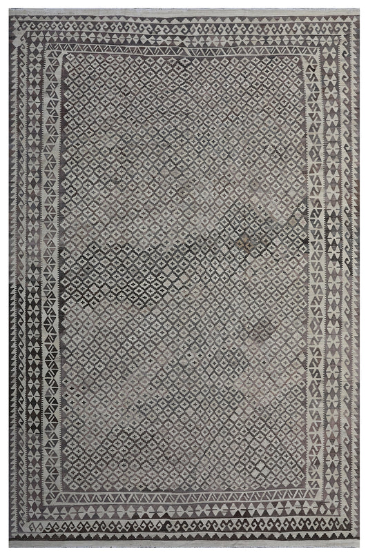 10'x14' Ariana Maimana Geometric Grey Ivory Kilim