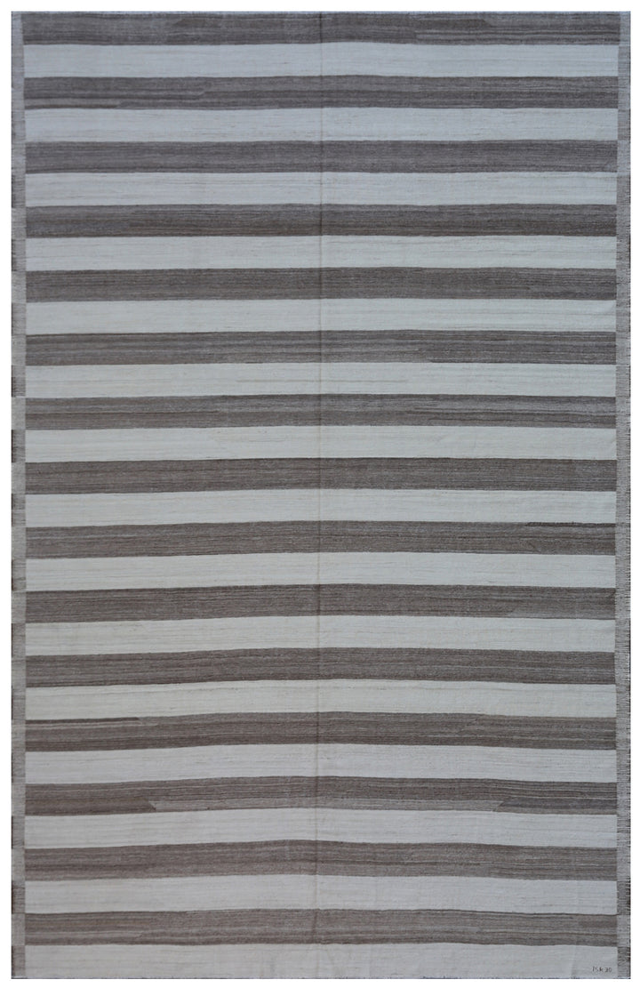 10'x14' Large Ariana Striped Ivory and Brown Hand Knotted Kilim Collection