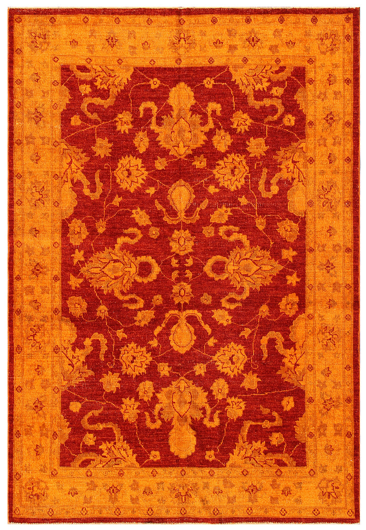 5'x7' Orange Red Persian Tabriz Design Ariana Overdyed Rug