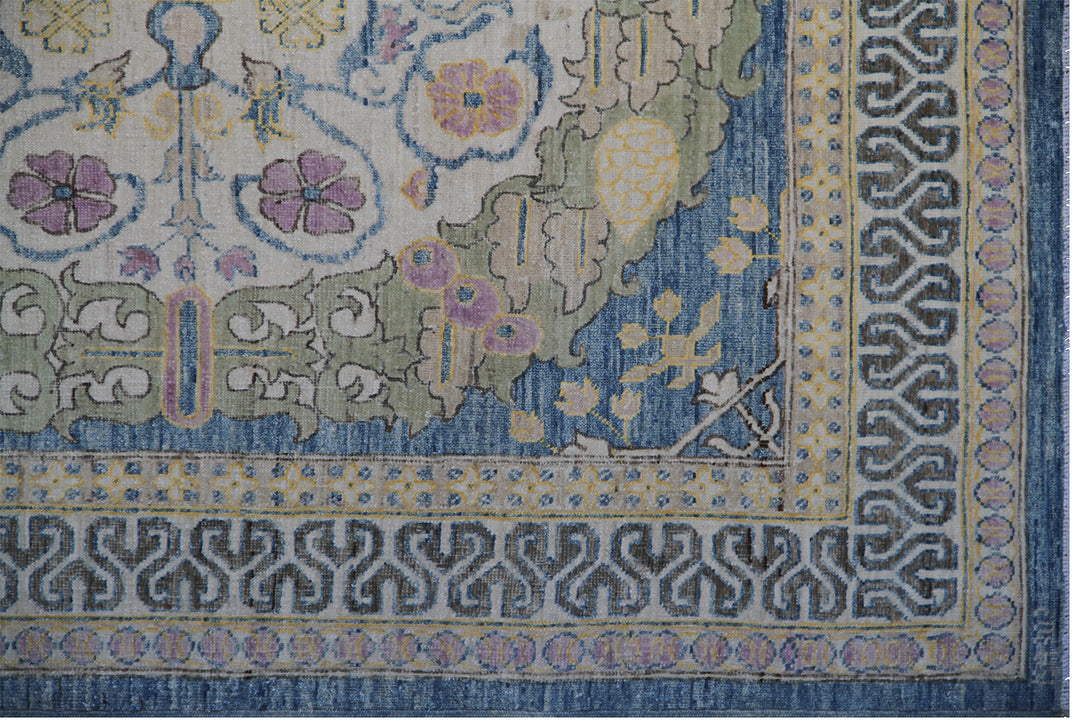 4'x7' Ariana Traditional Wool Hand Knotted Blue Beige Pastel Purple Floral Design Rug