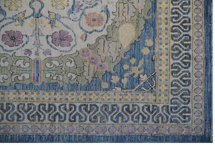 4'x7' Ariana Traditional Wool Hand Knotted Blue Beige Pastel Purple Floral Design Rug