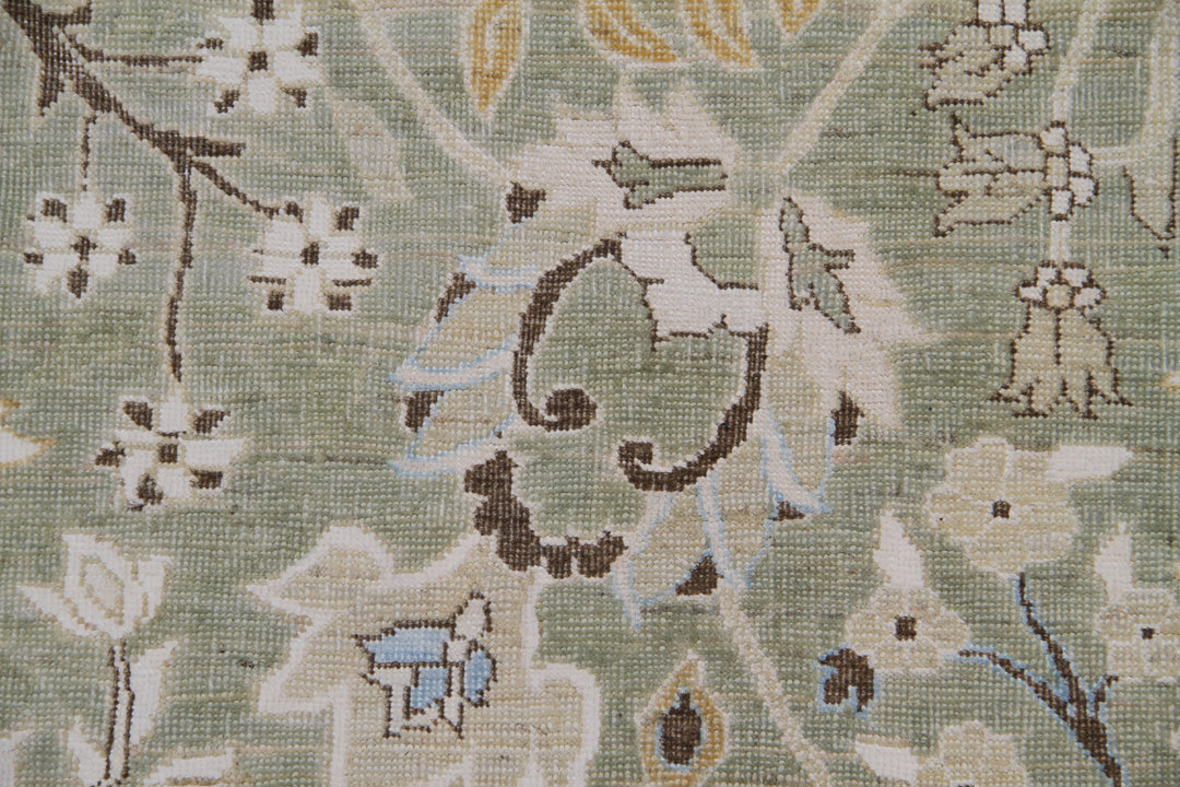 10'x14' Green Ivory Blue Silk and Wool Shah Abbas Design Tabriz Design Ariana Luxury Rug