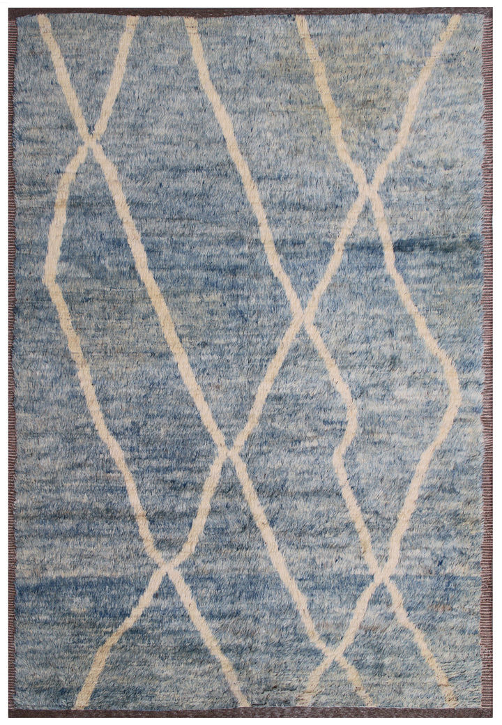 6'x9' Blue and Cream Contemporary Moroccan Style Barchi Rug