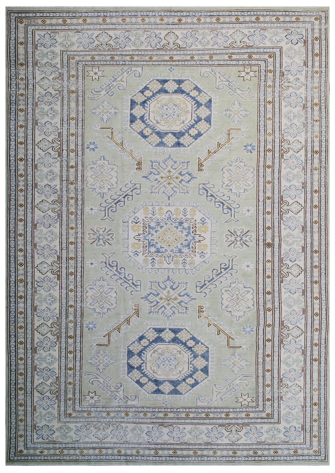 9'x7' Hand-Knotted Kazak Design Blue and Green Ariana Hazara Rug Collection