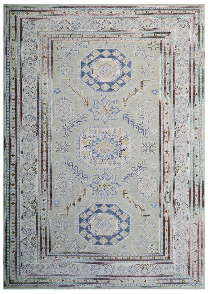 9'x7' Hand-Knotted Kazak Design Blue and Green Ariana Hazara Rug Collection