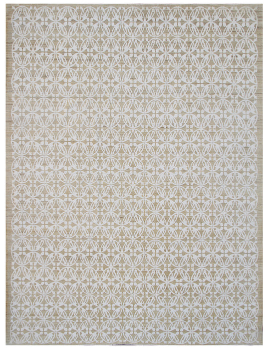 9.09 x  7.05 Gold and White Geometric Contemporary Hand-Knotted Ariana Modern Area Rug
