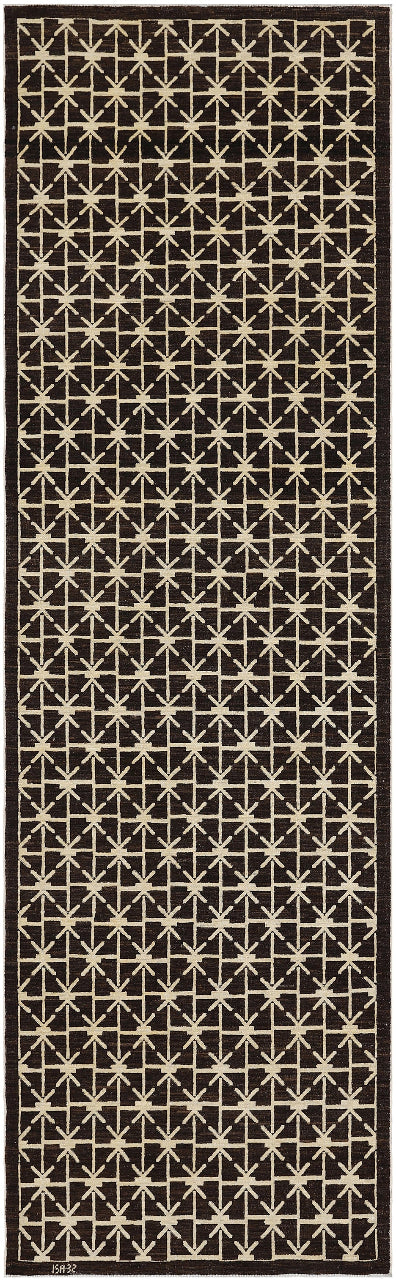 3'x10 'Brown Geometric Ariana Hand Knotted Wool Modern Runner Rug