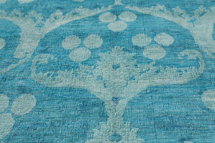 9'x9' Square Large Blue Ottoman Design Wool and Silk Ariana Overdyed Rug