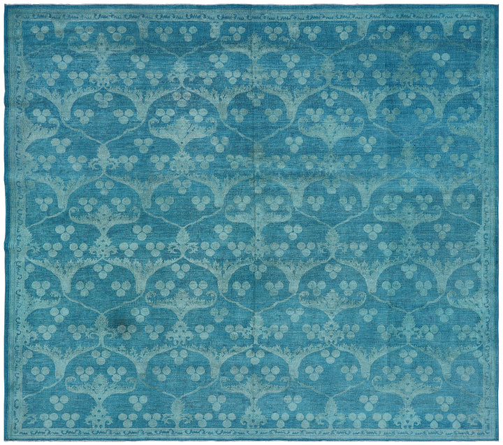 9'x9' Square Large Blue Ottoman Design Wool and Silk Ariana Overdyed Rug