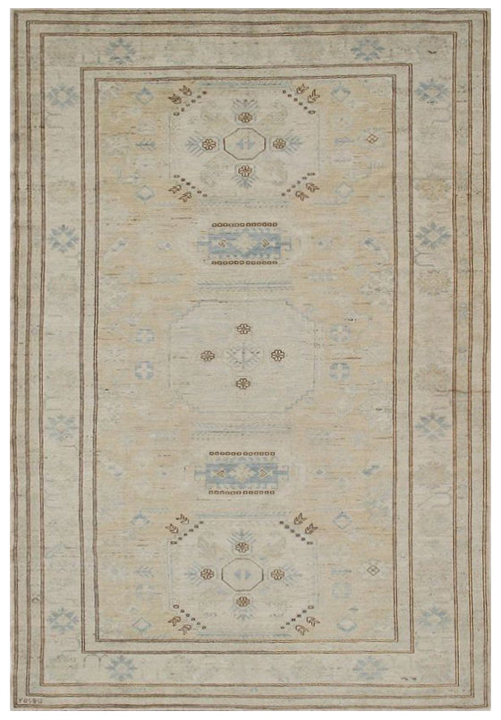 7'x10' Kazak Geometric Design Soft Muted Colors Hand-Knotted Ariana Hazara Area Rug