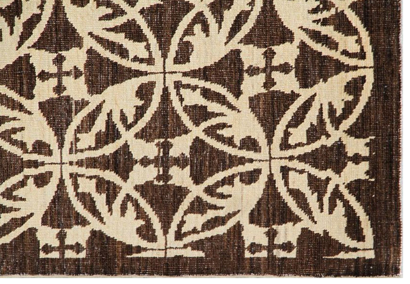 Authentic hand-knotted Afghan area rug from the Ariana Modern Collection, featuring a contemporary geometric design in dark brown and ivory organic wool.