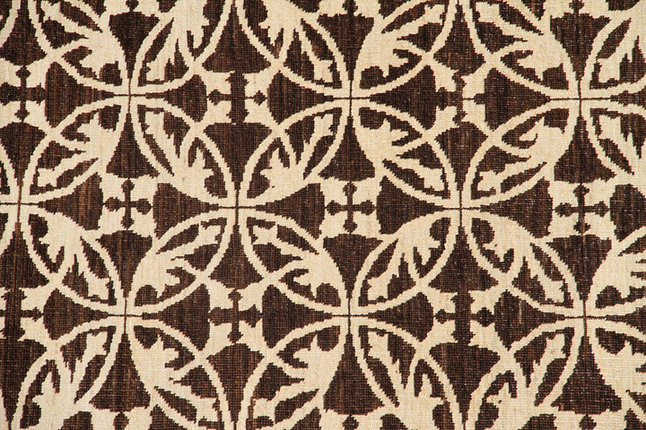 Authentic hand-knotted Afghan area rug from the Ariana Modern Collection, featuring a contemporary geometric design in dark brown and ivory organic wool.