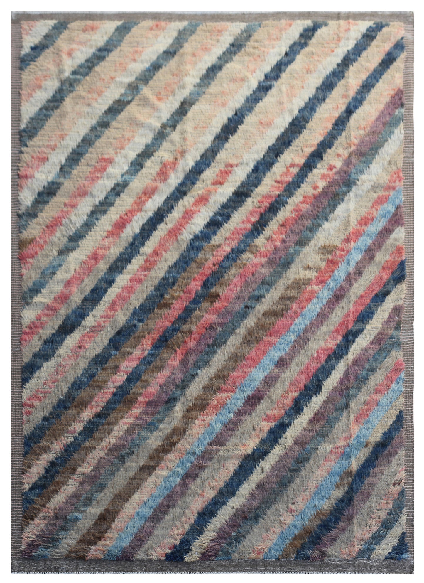 6'x9' Cream Navy Red Diagonal Striped Ariana Wool Area Barchi Rug