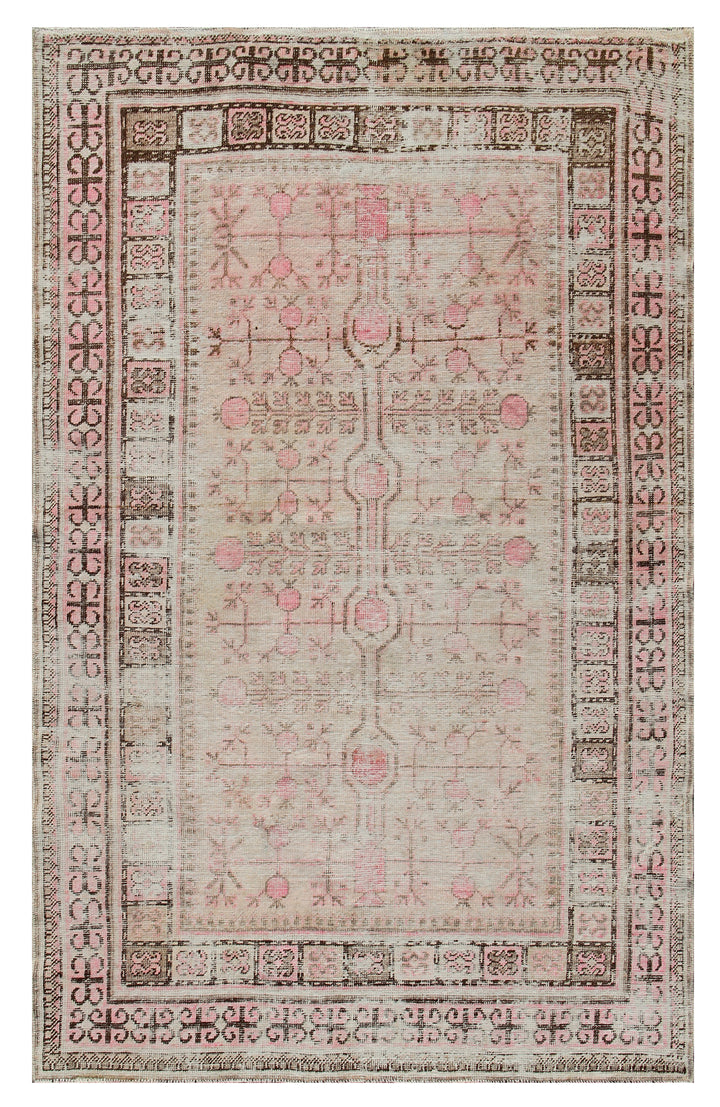 6'x4' Antique Samarkand Geometric Pink Ivory Brown Rug