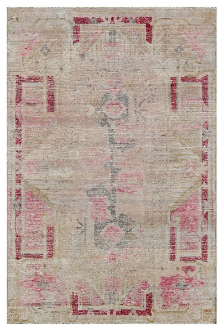 5'x7' Beige and Pink Floral Antique Samarkand Wool Rug