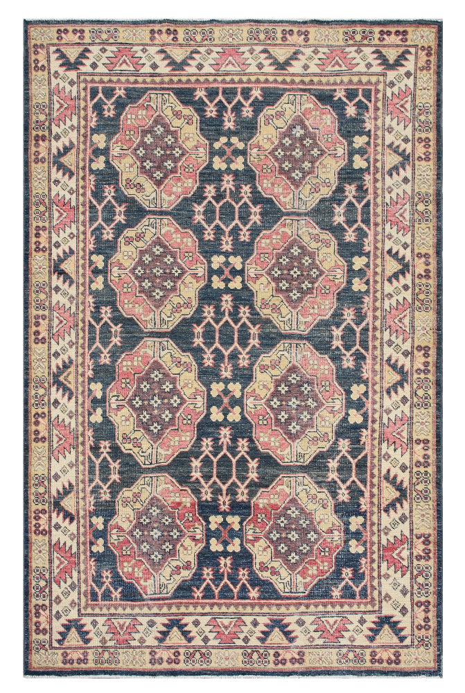 4'x6' Ariana Kazak Traditional Design Navy Pink Ivory Hand Knotted Rug
