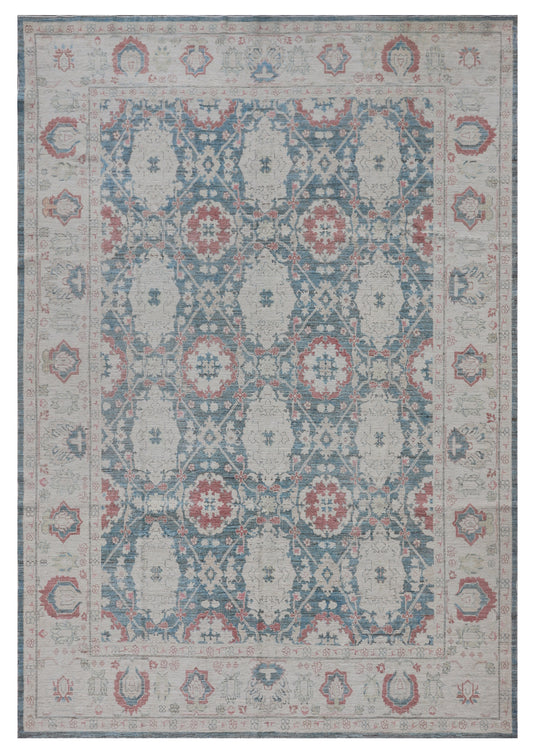 9.11 x  7.07 Teal and Rust Agra Design Hand-Knotted Ariana Traditional Area Rug