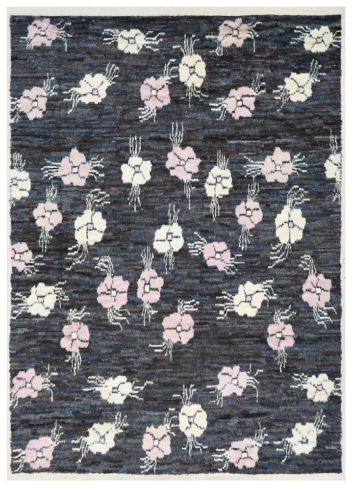 8'x11' Ariana Moroccan Style Dark Navy Pink and White Floral Barchi Medium Size Rug