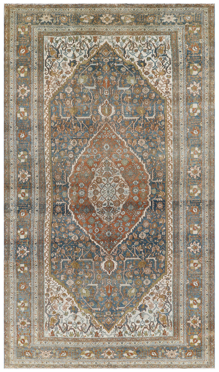 7'x12' Blue White and Rust Antique Semi-Antique Vintage Persian Medalion Area Rug