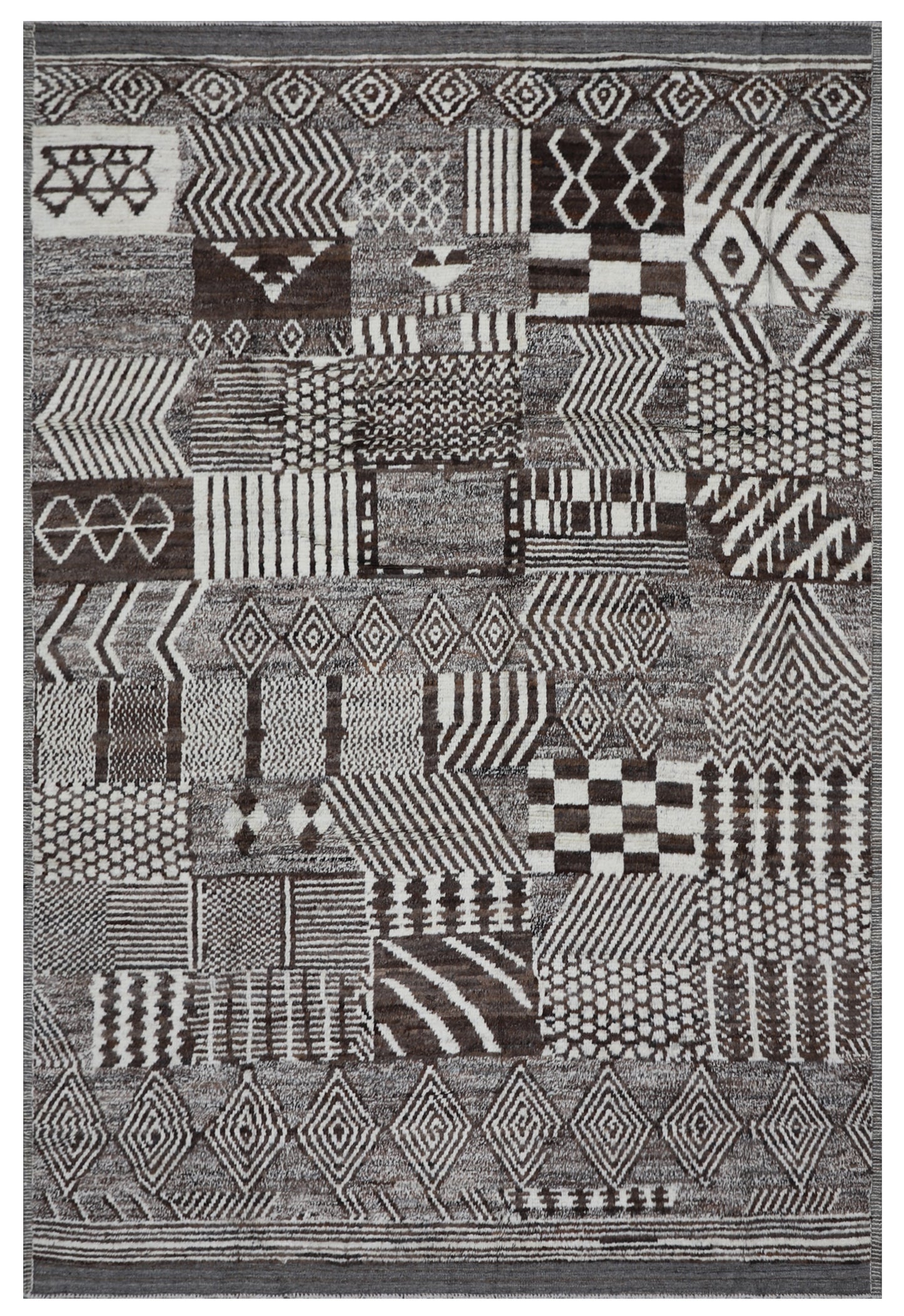 9'x12' Brown and White Geometric Patchwork Pattern Moroccan Style Barchi Rug