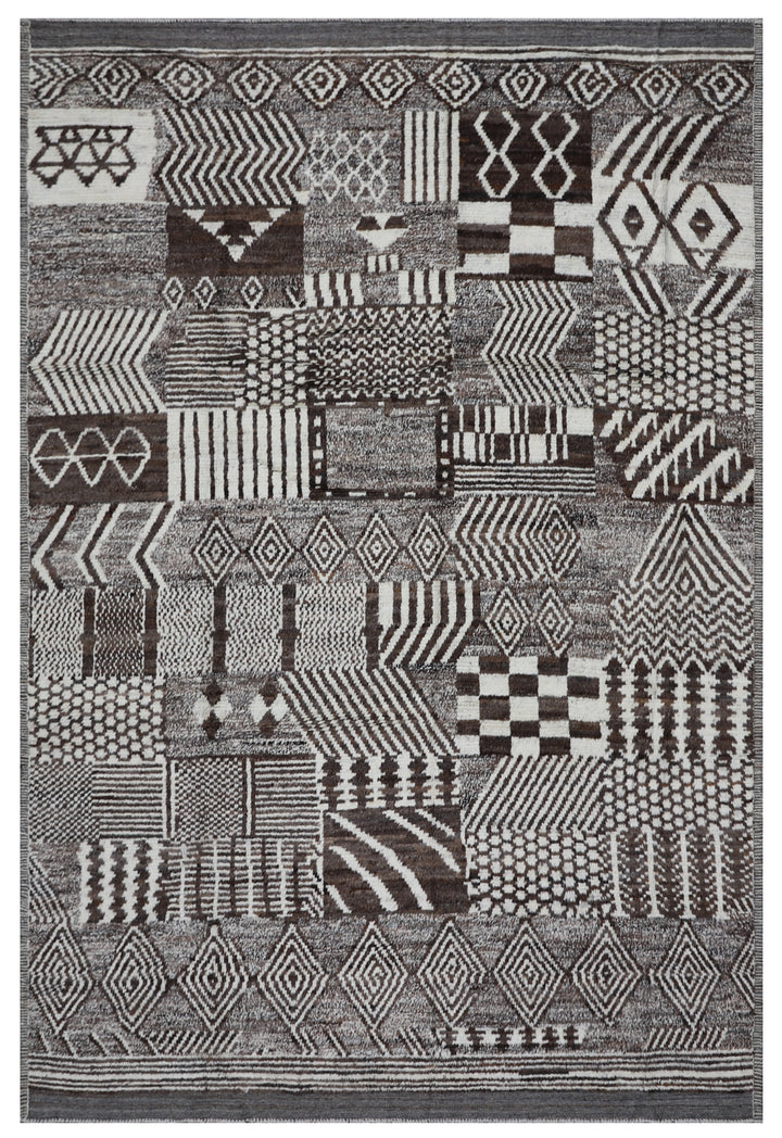 9'x12' Brown and White Geometric Patchwork Pattern Moroccan Style Barchi Rug