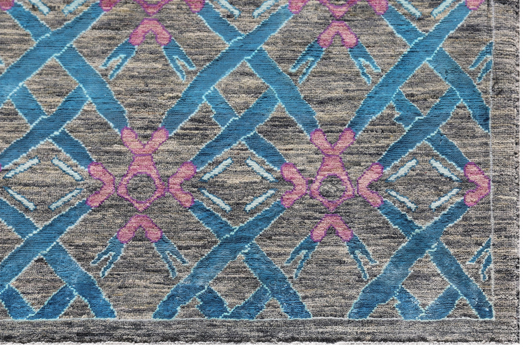 5'x8' Grey Blue Pink Grey Hand Knotted Wool Medium Size Modern Rug