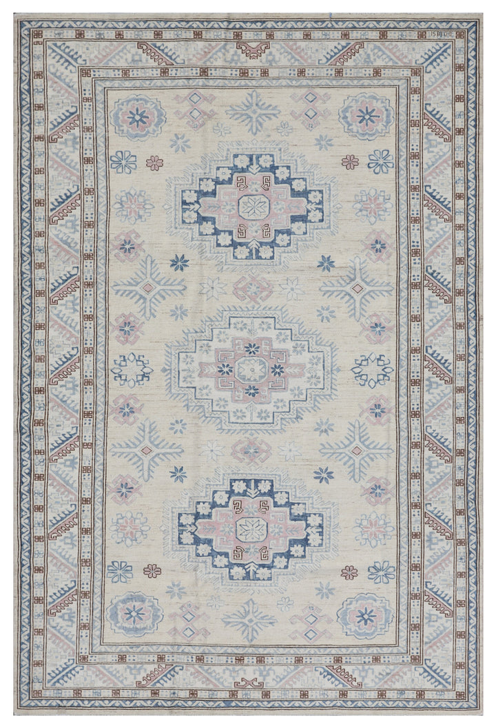 6'x9' Blue Geometric Caucasian Design Ariana Hand Knotted Hazara Wool Rug