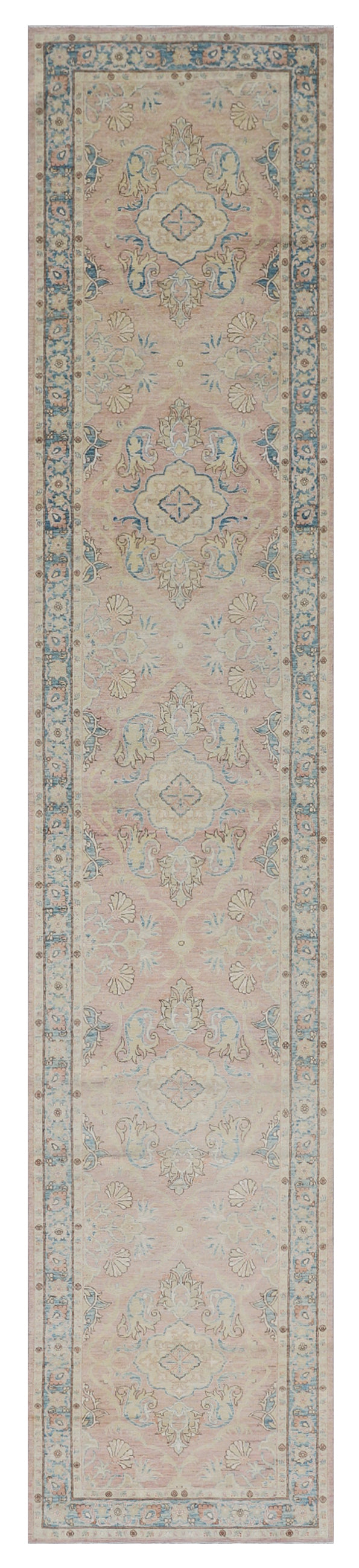 3'x15' Ariana Traditional Kirman Design Salmon Blue Ivory Long Runner Rug