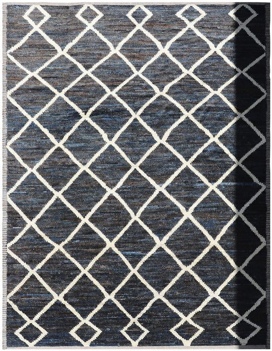9'x12' Geometric Chain Link Pattern Moroccan Style Navy and White Barchi Rug
