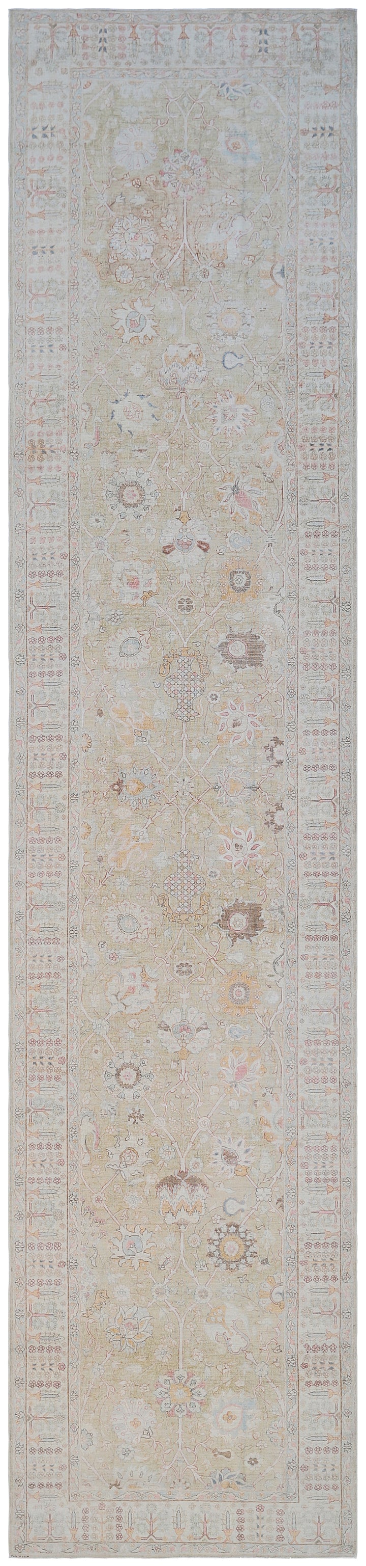 4'x16' Fine Gold Green Ivory Tabriz Design Ariana Luxury Runner Rug