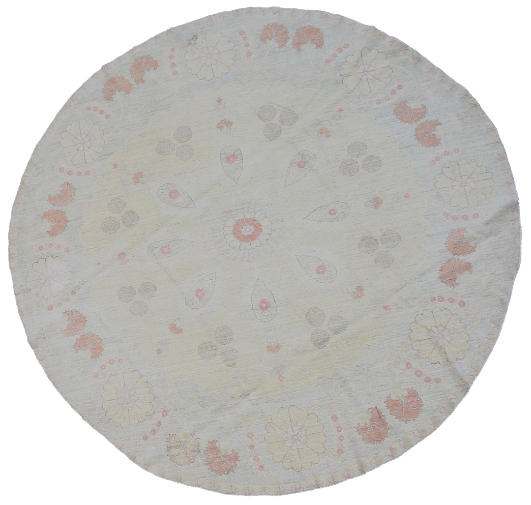 8'x8' Ariana Silver Blue Pink Ivory Floral Transitional Design Hand Knotted Round Rug