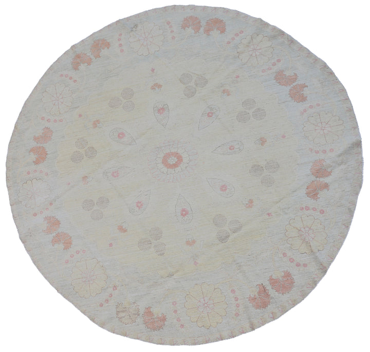 8'x8' Ariana Silver Blue Pink Ivory Floral Transitional Design Hand Knotted Round Rug