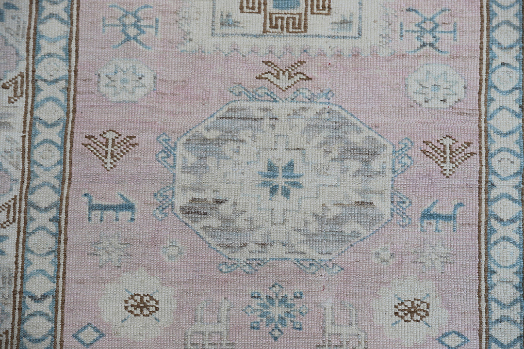 3'x4' Ariana Geometric Pink Blue Ivory Caucasian Design Hazara Small Rug