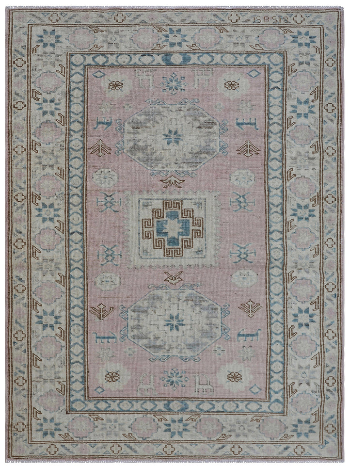 3'x4' Ariana Geometric Pink Blue Ivory Caucasian Design Hazara Small Rug