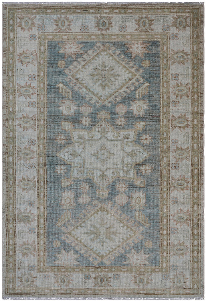 3'x4' Ariana Blue Ivory Caucasian Design Hazara Collection Small Rug