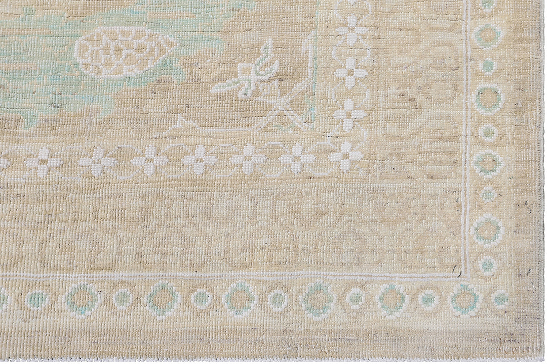 4'x15' Fine Wool with Cotton Green White Tan Spanish Design Ariana Luxury Wide and Long Runner Rug