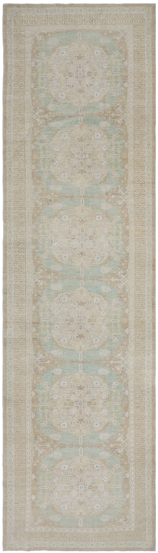 4'x15' Fine Wool with Cotton Green White Tan Spanish Design Ariana Luxury Wide and Long Runner Rug