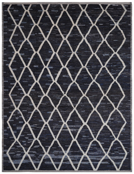 12'x16' Ariana Moroccan Style Dark Navy and White Geometric Diamond Pattern Barchi Rug