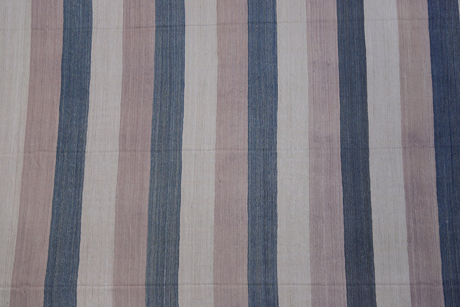 12'x17' Large Striped Blue Tan and Ivory Ariana Kilim Rug